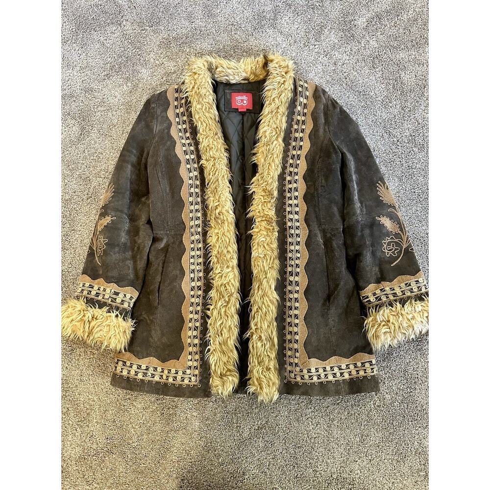 VTG Y2K Woman’s L Suede Leather Coat Faux Fur Trim Penny Lane Shaggy Boho Embro